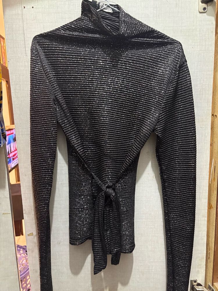 Sparkling Black Top with Tie Detail