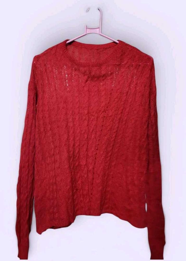 Women's Red Full Sleeve Knitted Sweater – Good Con