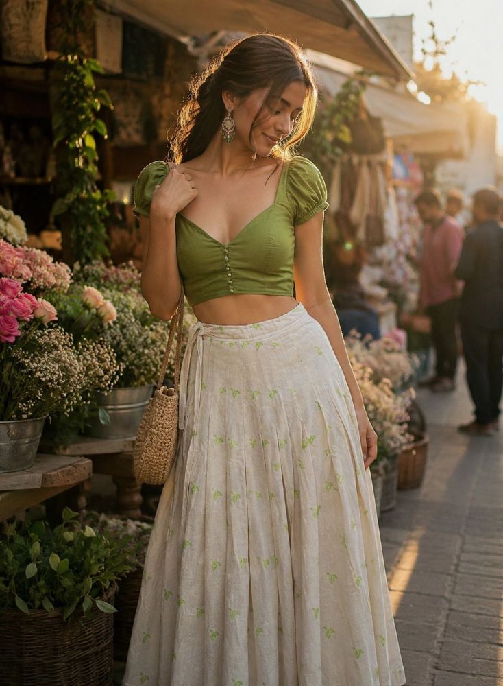 Premium velvety Cream Skirt with Green Print