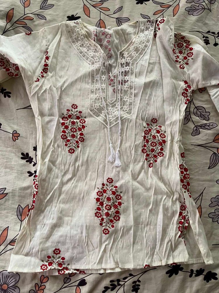 White Kurta with Red Floral Print