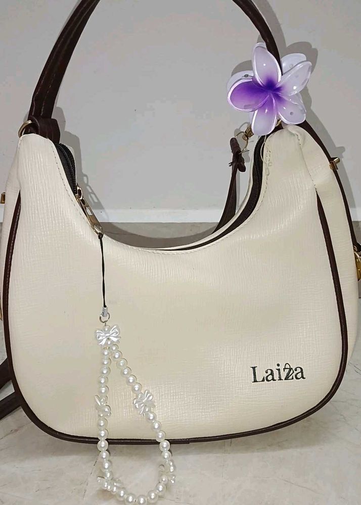 Chic Cream Hobo Bag with Pearl Charm