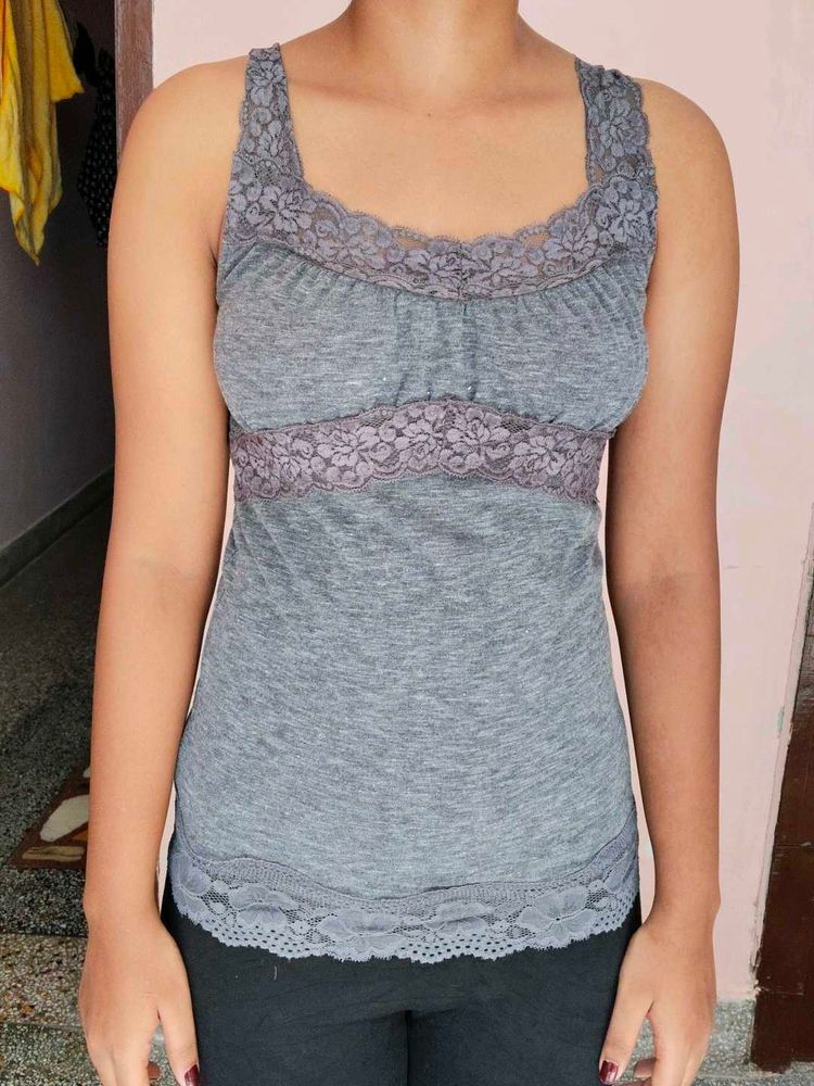 Grey Lace Trim Camisole Top