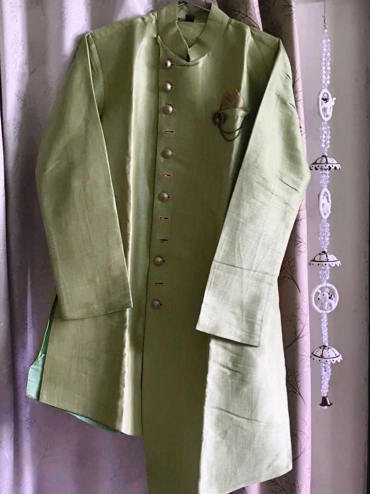 Pista Green Sherwani with Golden Dhoti