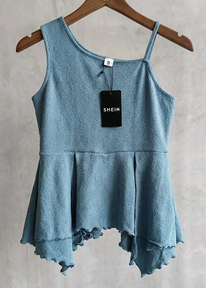Blue Asymmetrical Ruffled Peplum Top