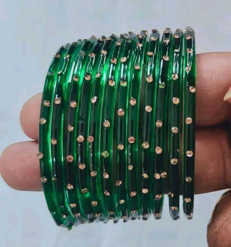 Elegant Green Glass Bangles with Gold Dots