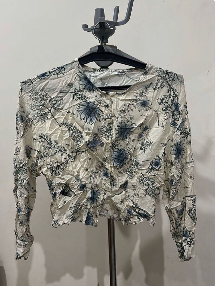 Crinkled Floral Long Sleeve Top