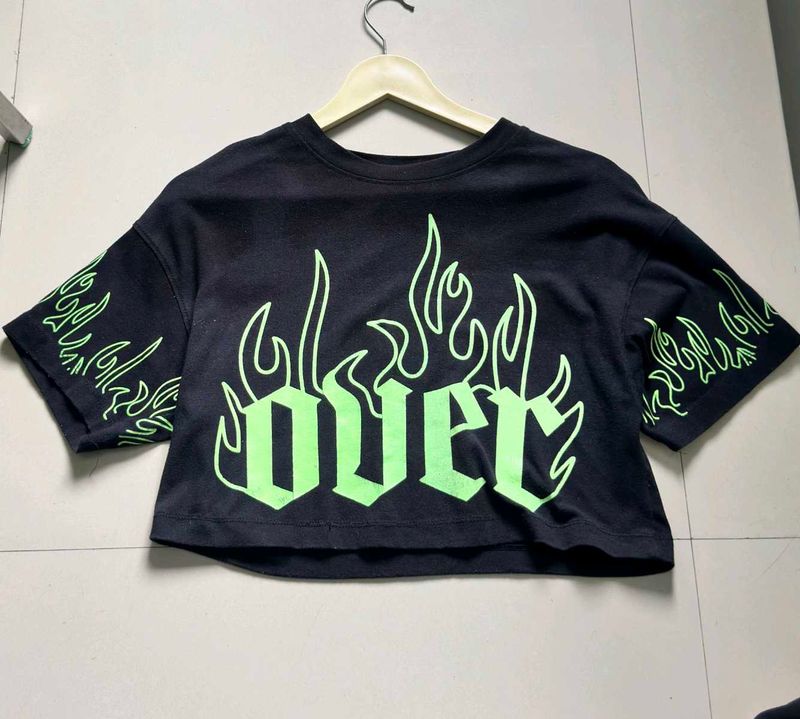 Black Cropped T-Shirt with Neon Flames