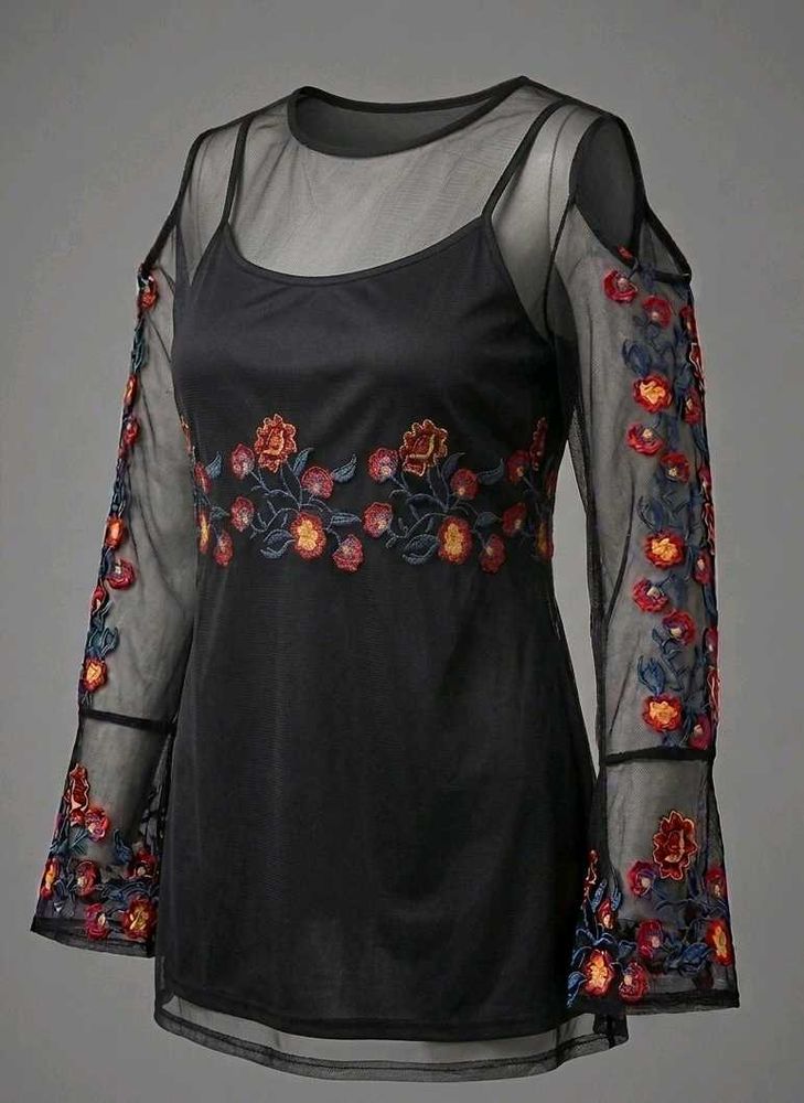 Embroidered Cold Shoulder Mesh Top