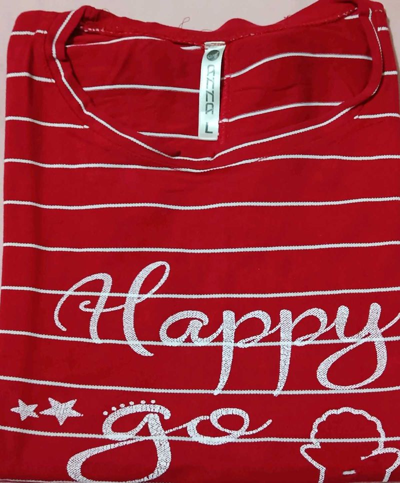 Red Striped "Happy Go" T-Shirt