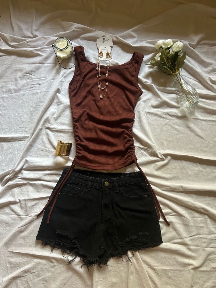 Ribbed Ruched Tank Top &amp; Distressed Shorts