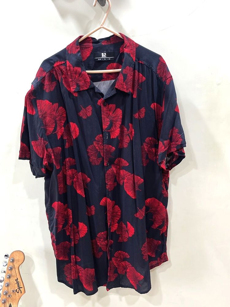 Men's Navy &amp; Red Leaf Print Shirt