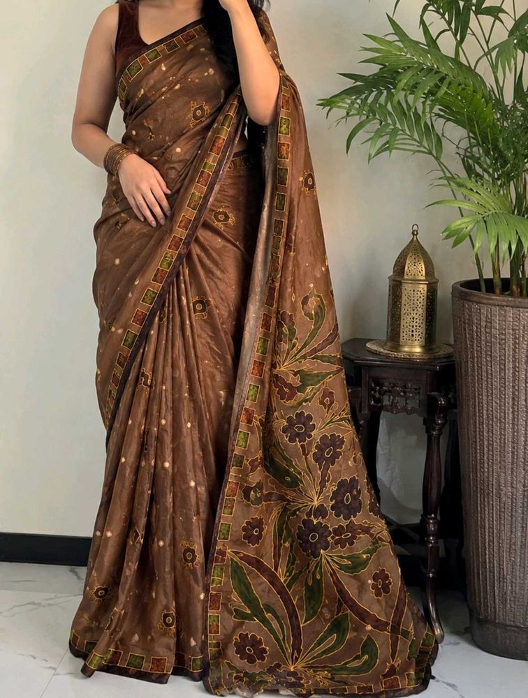 Brown Floral Print Saree – New Condition