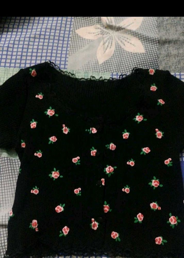 Floral Print Black Top