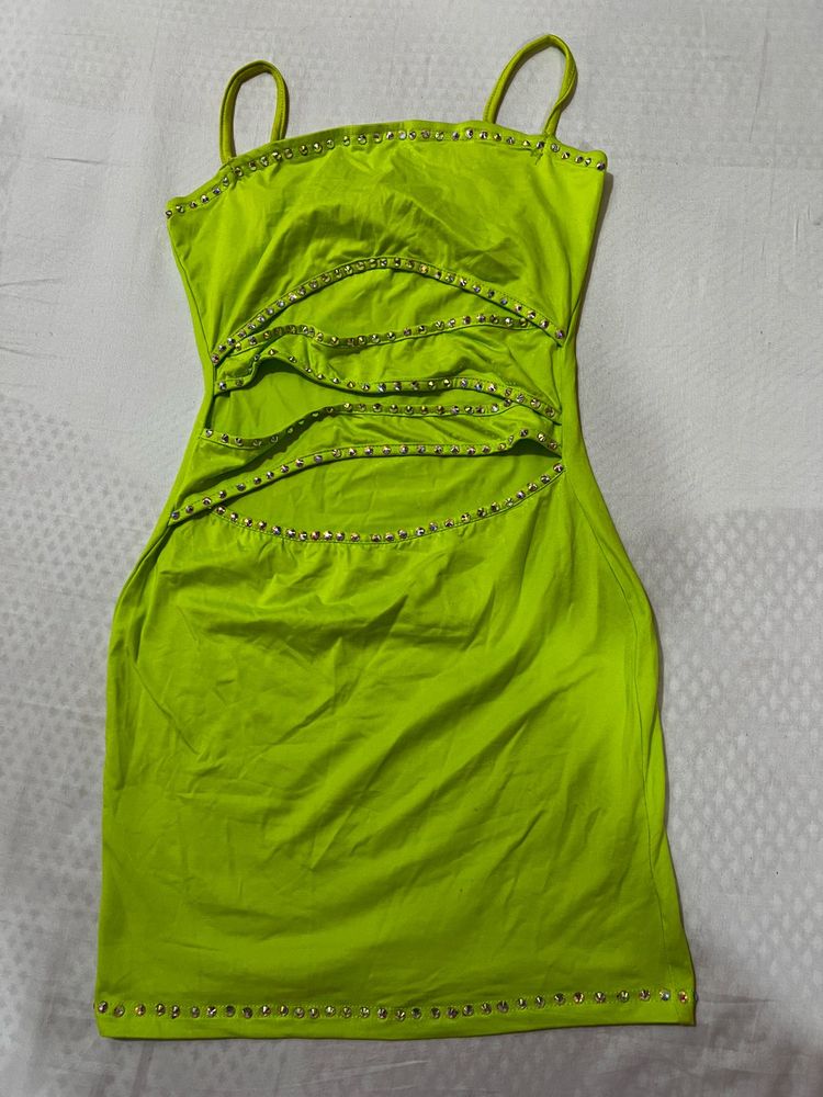 Lime Green Embellished Mini Dress