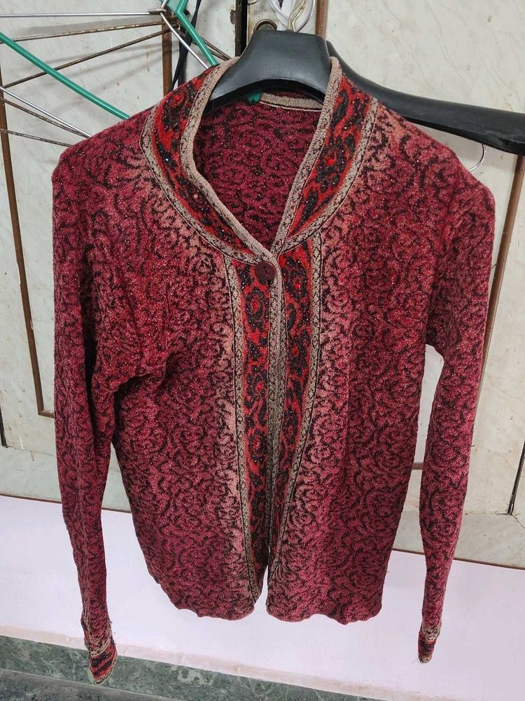 Burgundy Patterned Knit Cardigan