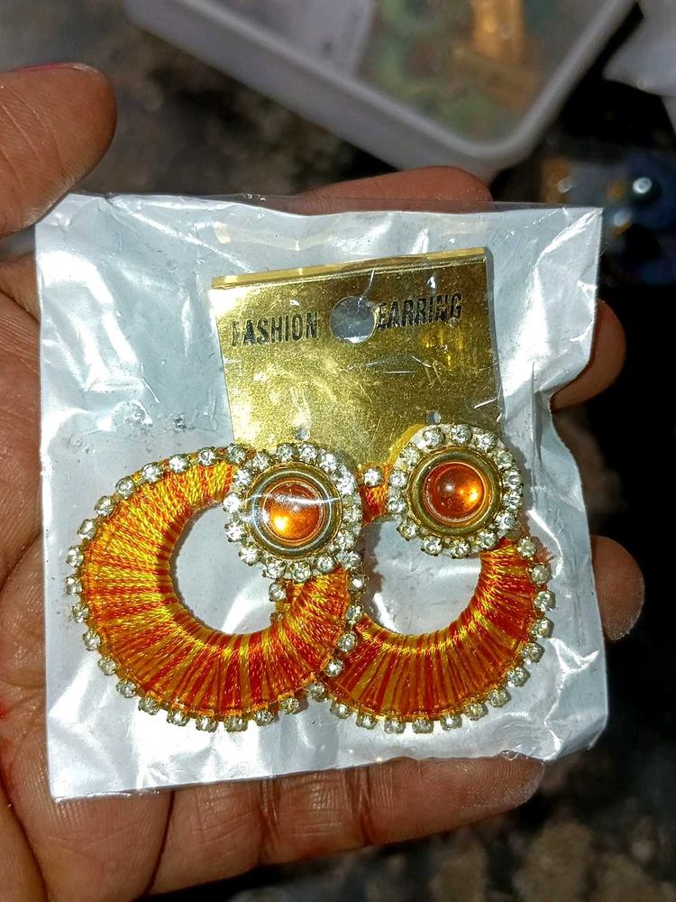 Orange Thread Hoop Earrings