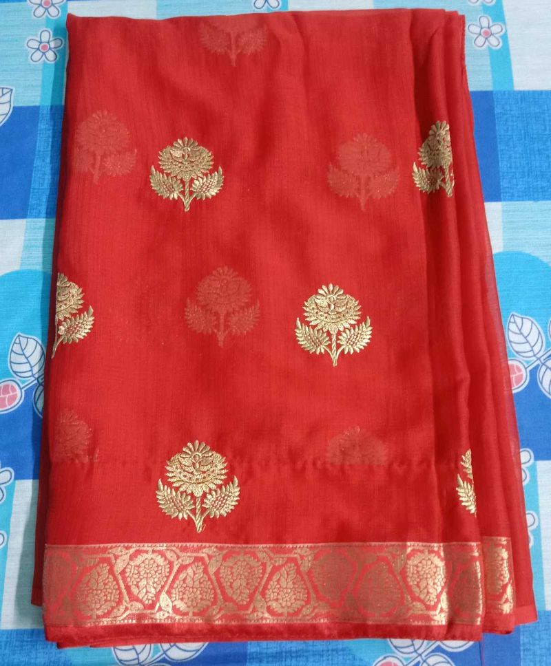 Stunning Red Zari Work saree