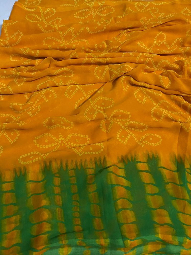 Vibrant Yellow &amp; Green Bandhani Saree