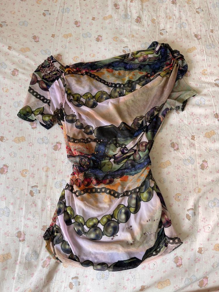 Sheer Printed Ruched one sided offshoulder top