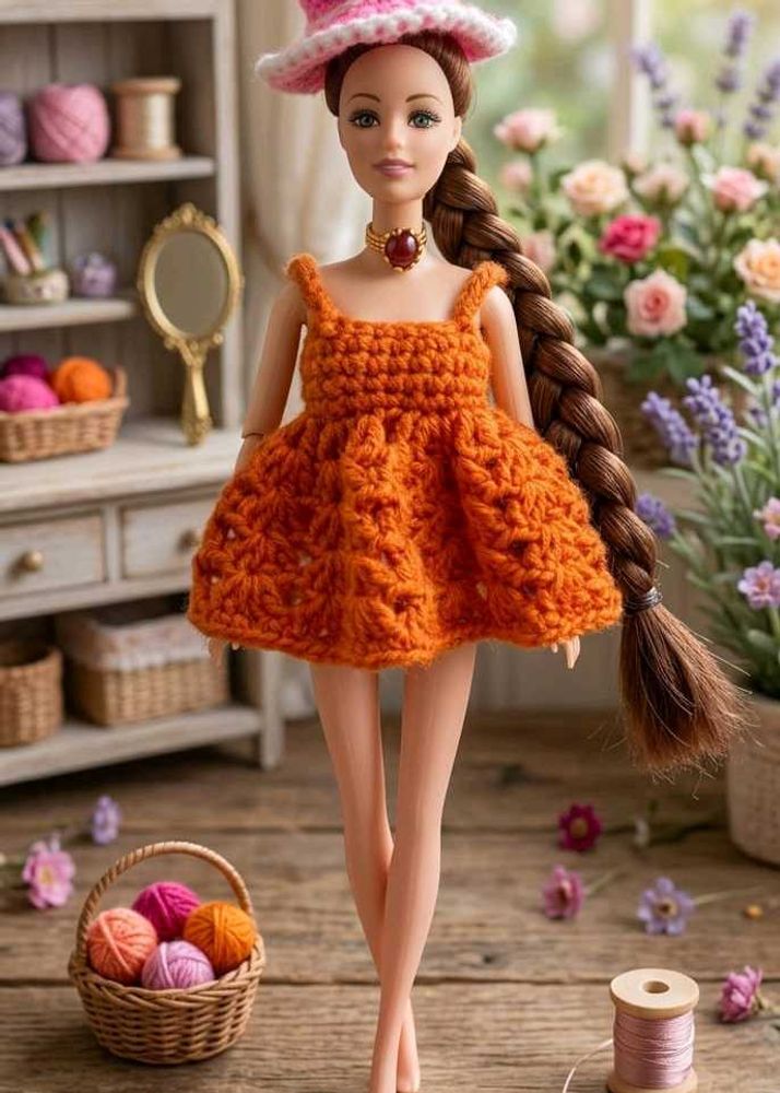 Handmade Crochet Orange Dress Doll Outfit