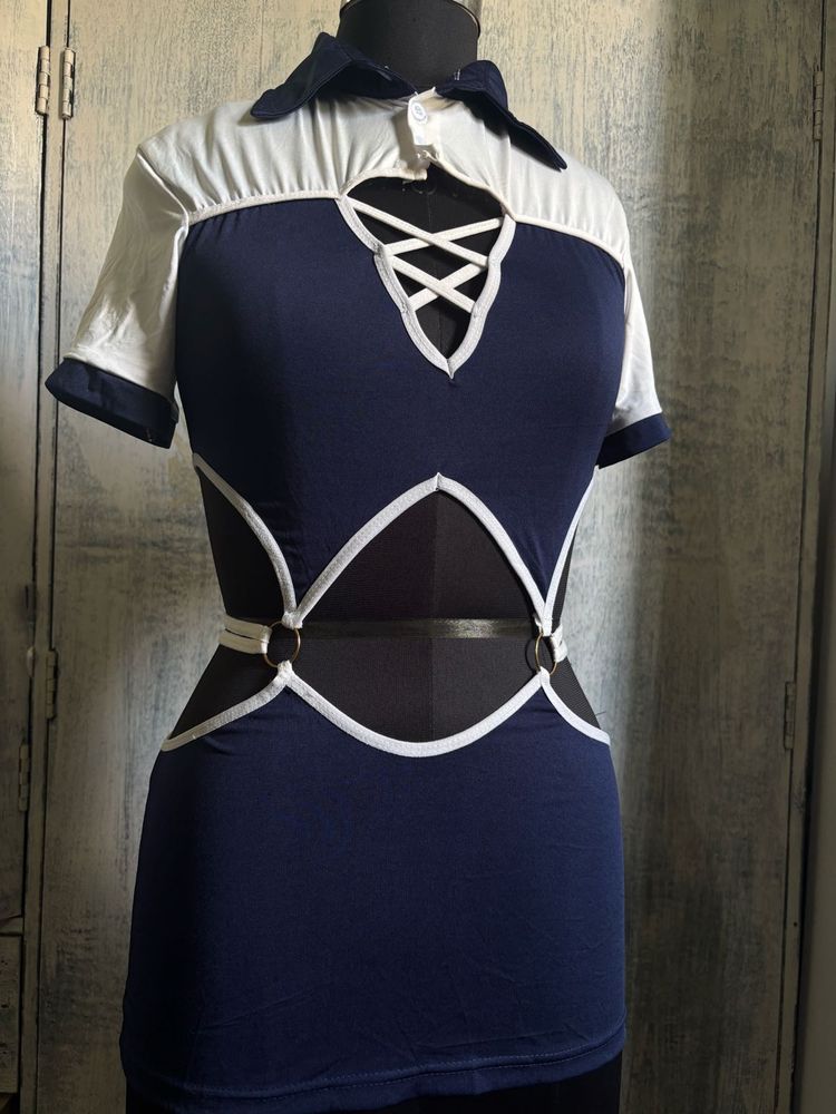 Navy Blue &amp; White Cut-out Top