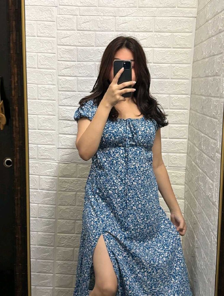 Blue Floral Print Midi Dress