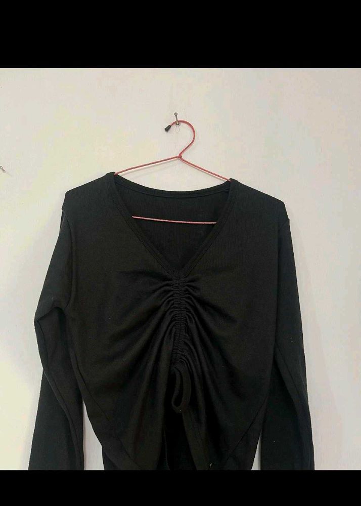 Black Ruched V-Neck Top