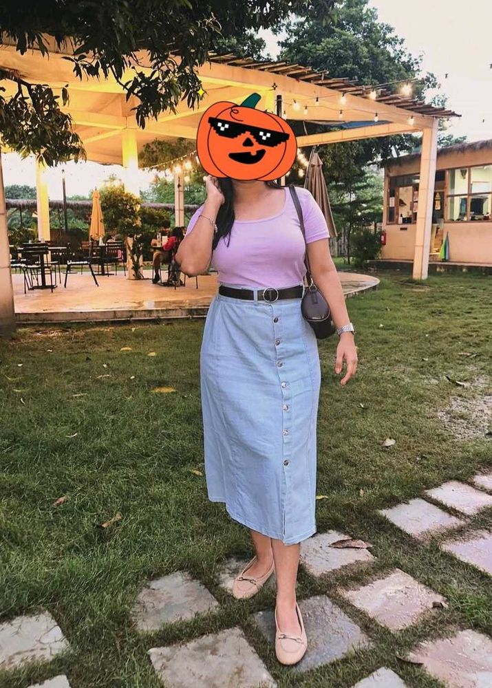 Denim Button-Front Skirt, purple Top
