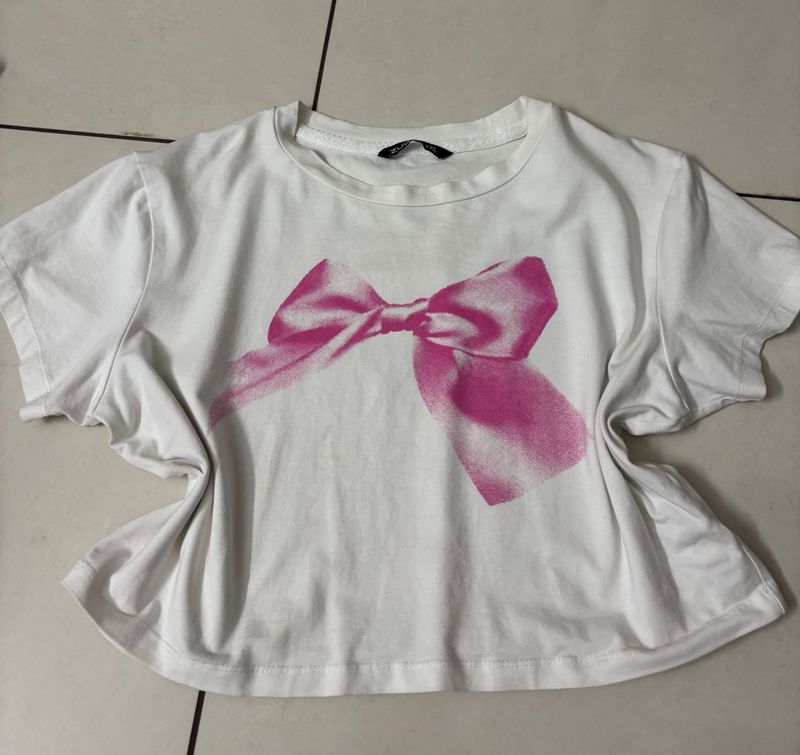 White Crop Top with Pink Bow Graphic
