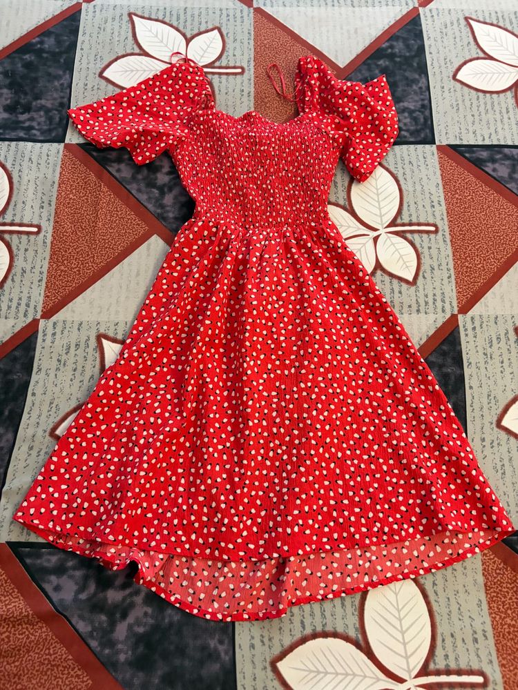 Red Smocked Puff Sleeve Dress