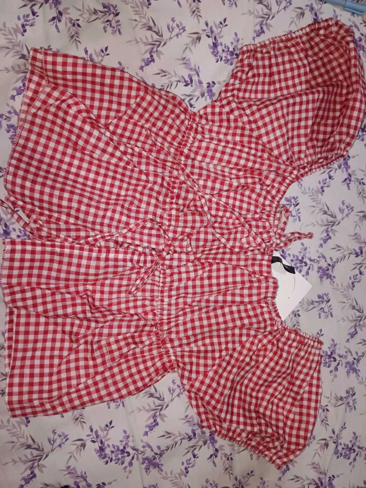 Square neck red Gingham Top