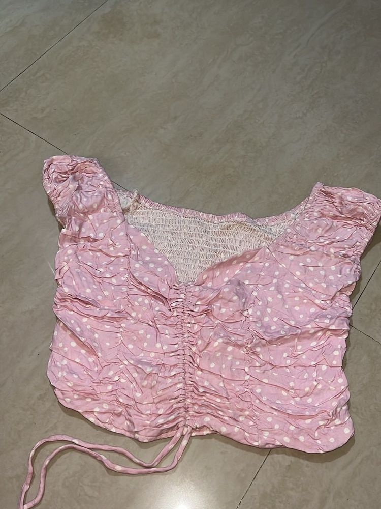 Pink Polka Dot Ruched Crop Top