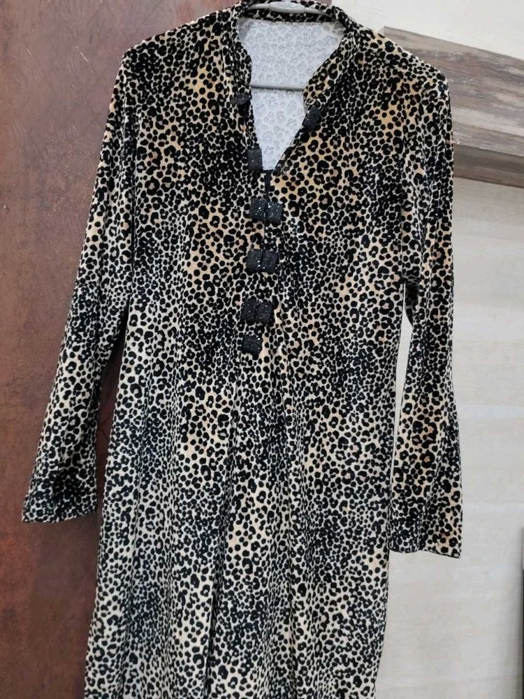 Leopard Print Kurta with Black Buttons