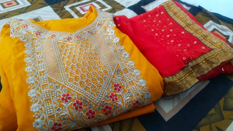 Elegant Yellow Kurta Set with Red Dupatta