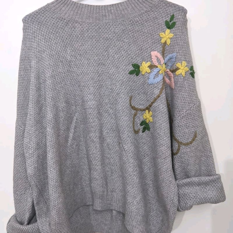 Floral Embroidered Grey Knit Sweater