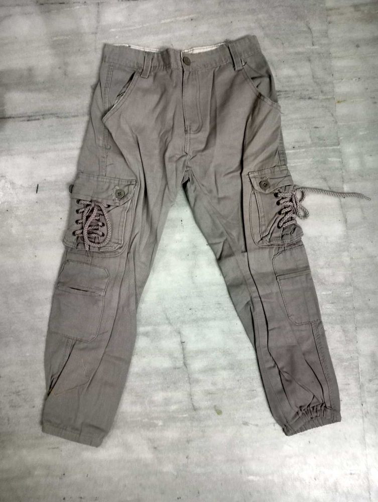 Gray Cargo Pants with Lace Detail