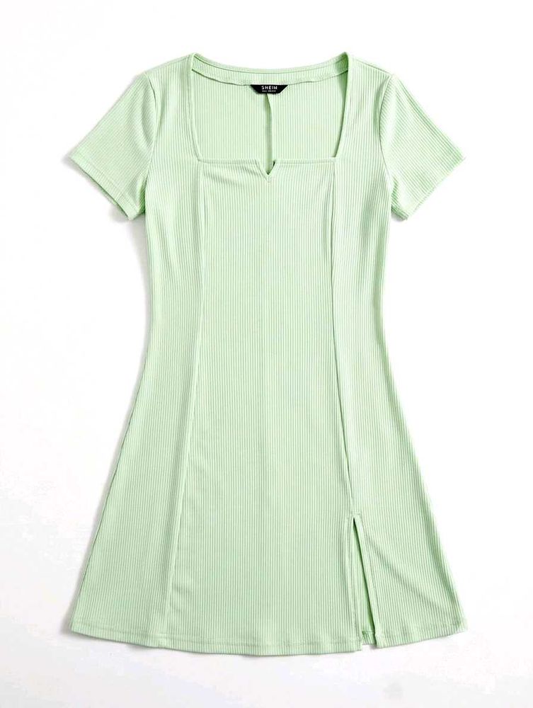 Light Green Ribbed Square Neck Dress🪄🪄