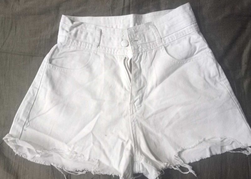 White High Waist Denim Shorts Raw Hem Summer Must