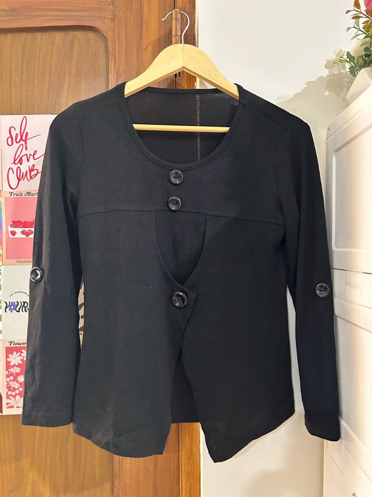 Black Button Detail Long Sleeve Top