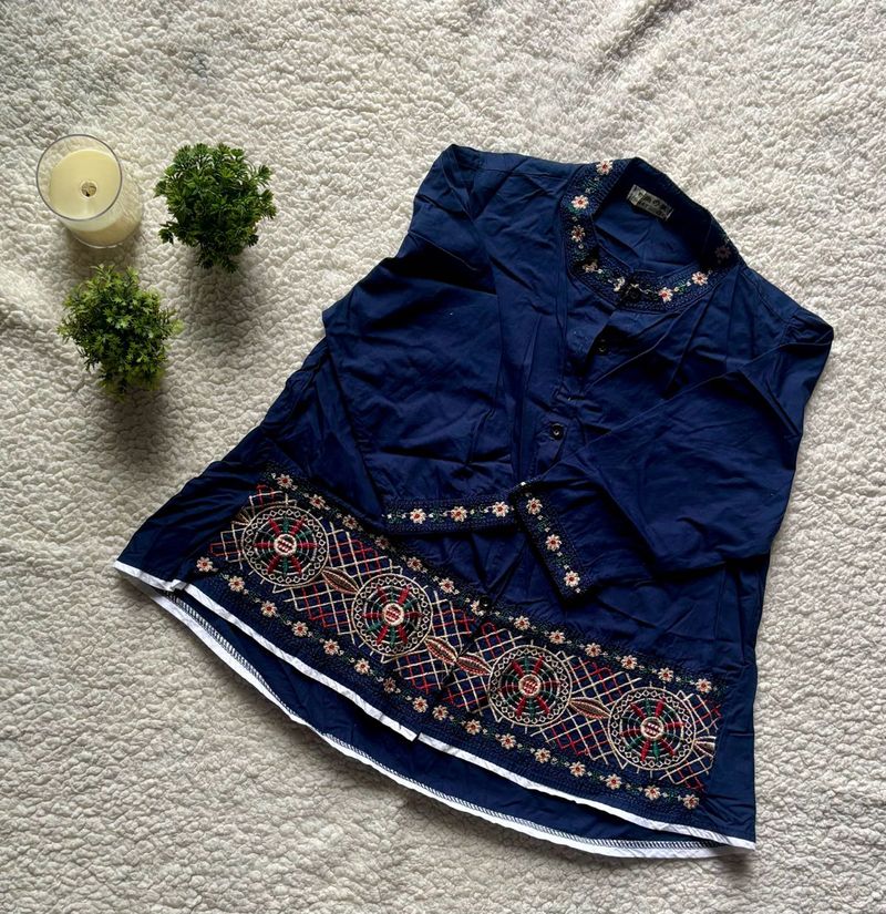 Embroidered Navy Blue Short Kurti
