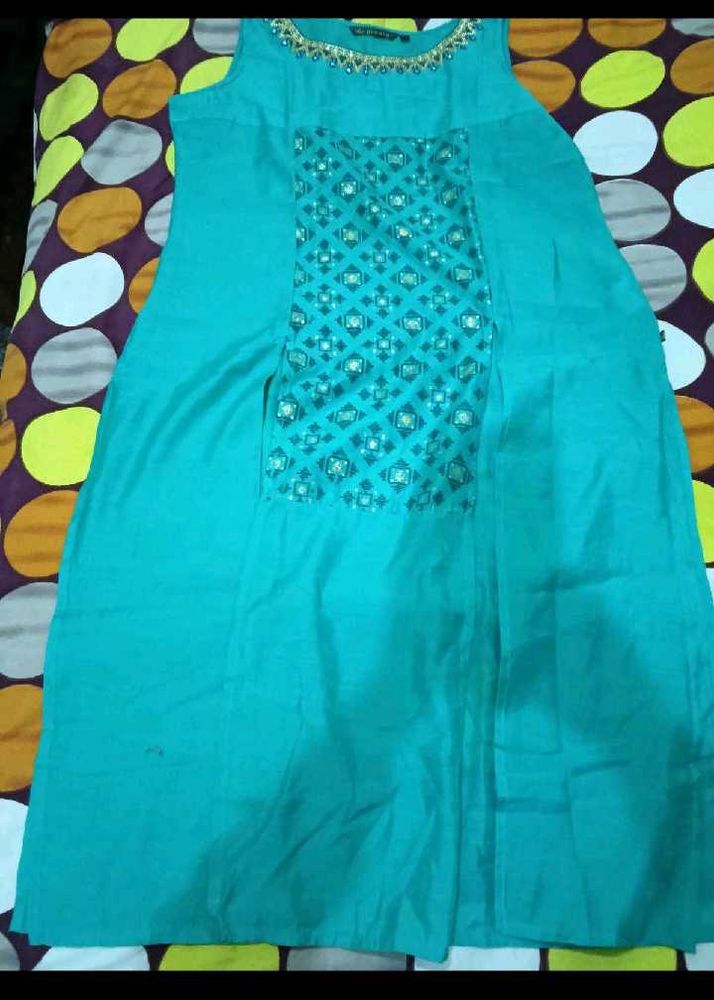 Teal Kurta with Embellished Neckline