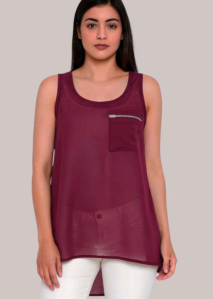 Chic Burgandy Sleeveless Top with Pocket