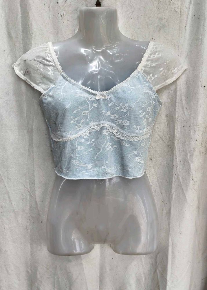 4168. Sheer Lace Baby Blue Crop Top