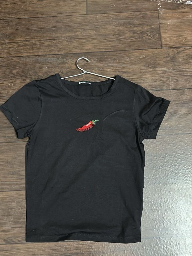 Black T-Shirt with Chili Pepper Detail