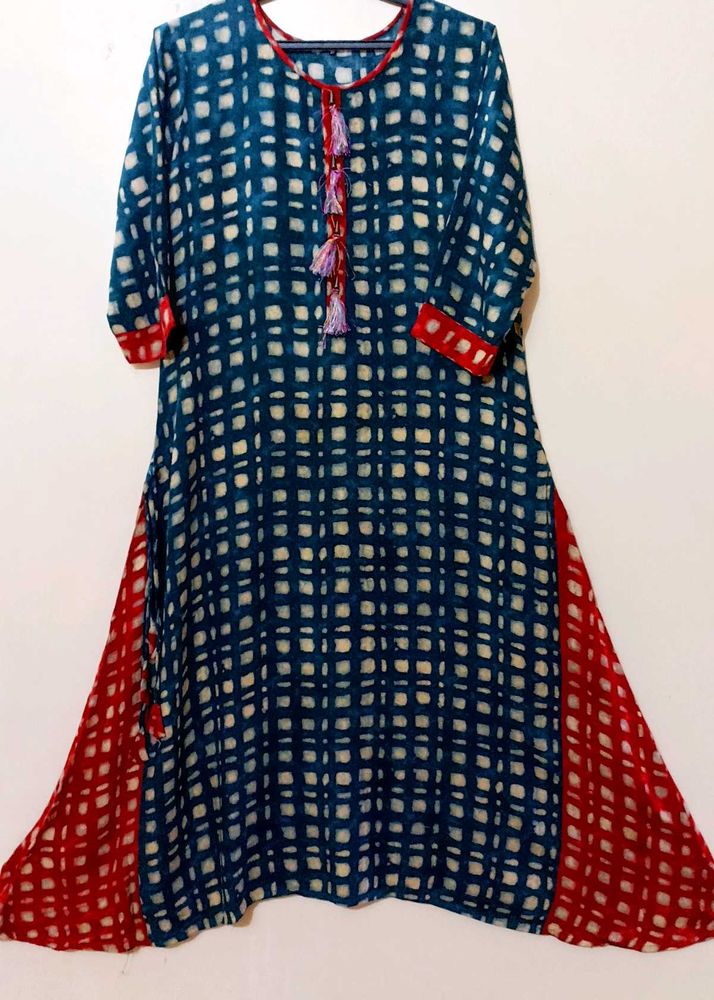 Green Checkered Tassel Kurti Dress
