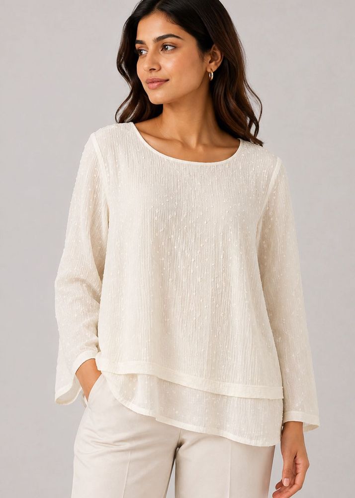 Chic White Textured Long Sleeve Top