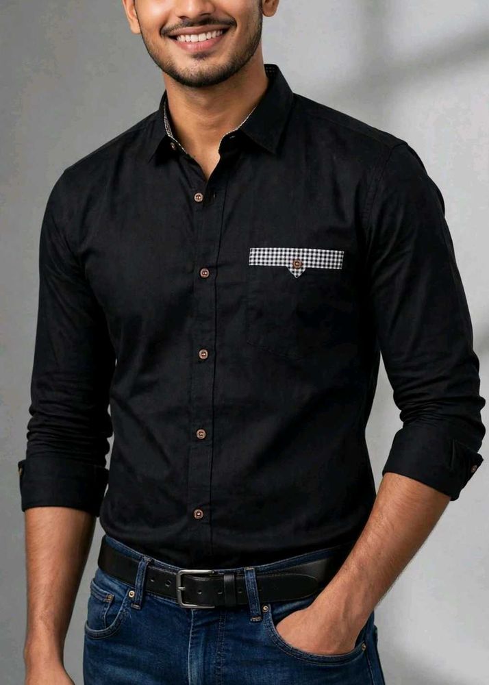 Men's Black Casual Shirt with Pocket Detail