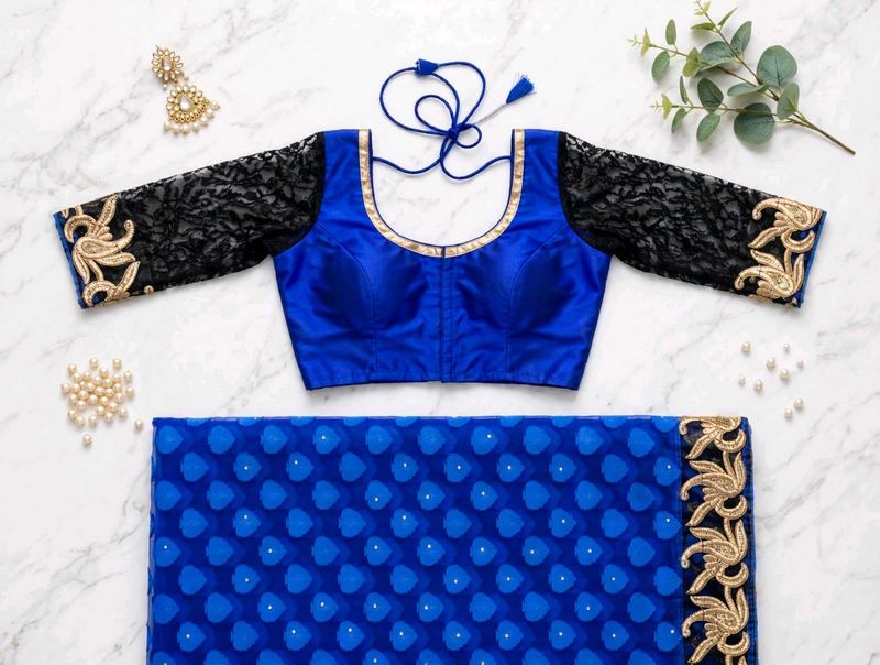 Royal Blue &amp; Black Lace Blouse