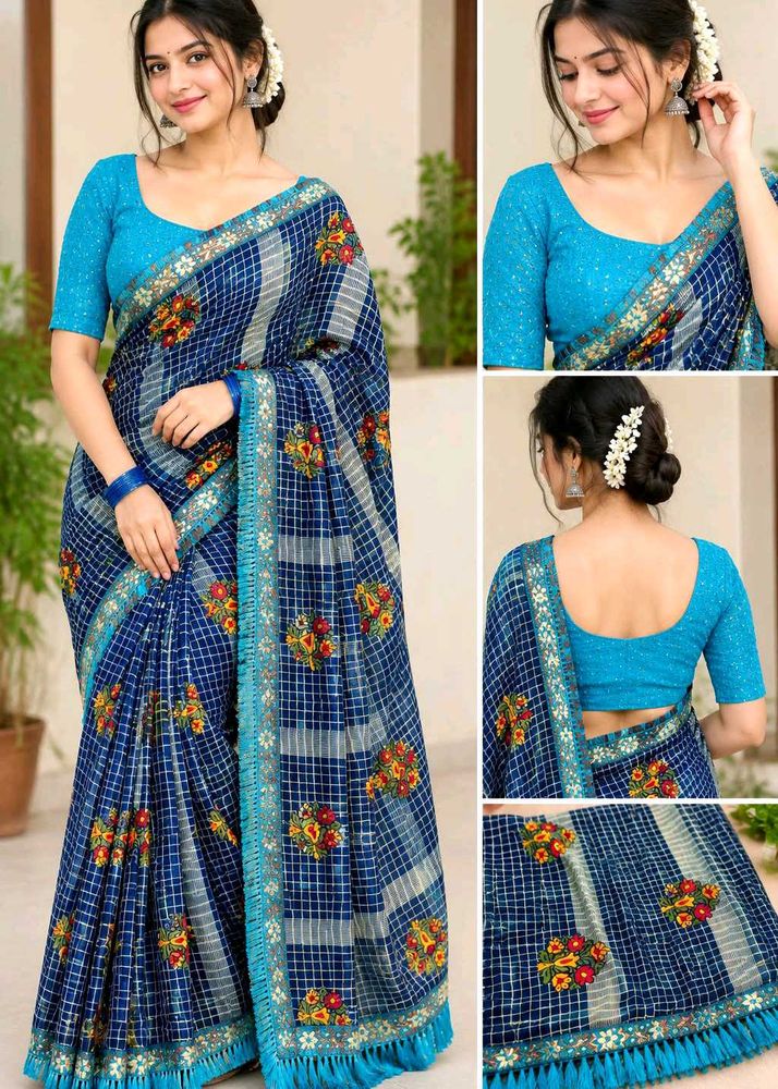 Elegant Blue Floral Print Saree