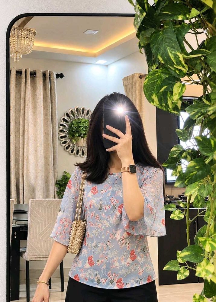 Light Blue Floral Bell Sleeve Top